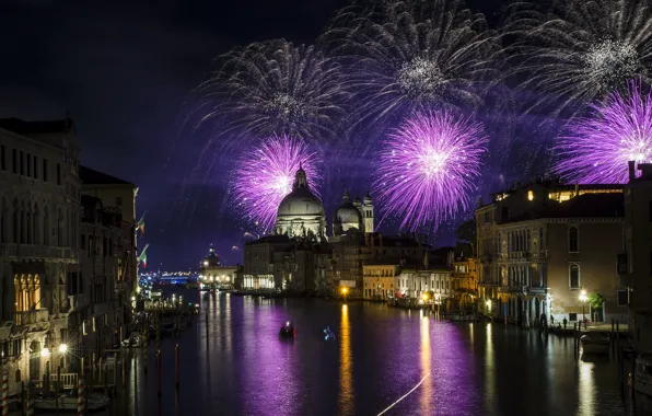 Картинка ночь, огни, праздник, Италия, Венеция, Новый год, фейерверк
