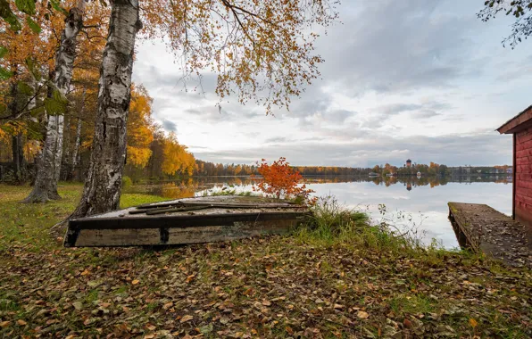 Картинка осень, озеро, лодка, октябрь, Владимирская область, Andrey Gubanov, Введенское озеро