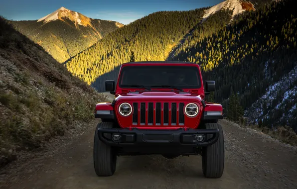 Картинка небо, горы, красный, передок, 2018, Jeep, Wrangler Rubicon
