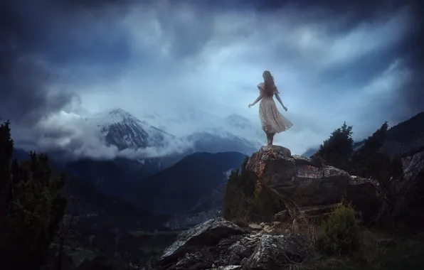 Картинка девушка, облака, природа, скалы, платье, TJ Drysdale