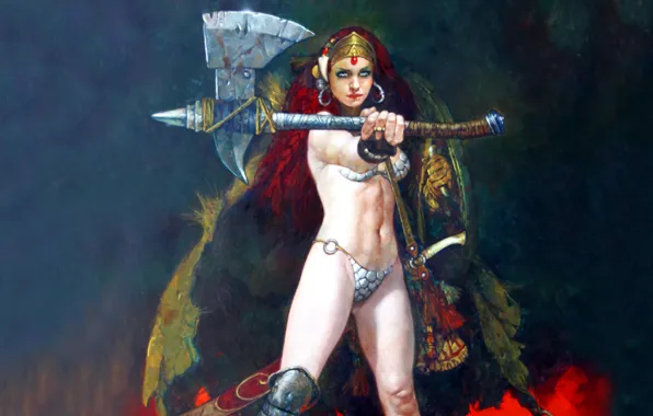 Картинка axe, girl, sexy, Red Sonja, red head, girl & sword