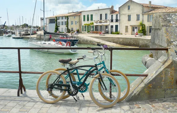 Картинка лето, город, Франция, пристань, яхты, набережная, велосипеды, Saint-Martin-de-Re, Сен-Мартен-де-Ре, Beach Cruiser
