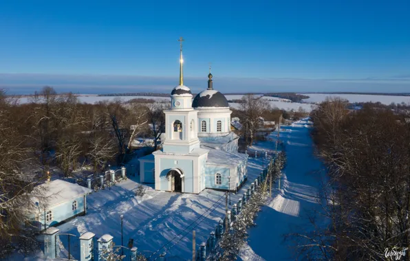 Картинка зима, снег, пейзаж, село, церковь, Илья Гарбузов, Сомово