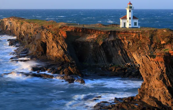 Картинка море, небо, океан, маяк, Орегон, США, rock, Oregon, sea, ocean, blue, water, sun, Lighthouse, Charleston, …