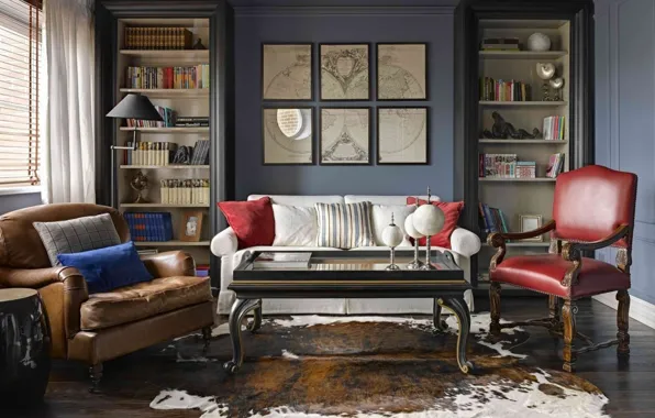 Картинка дизайн, стиль, интерьер, кресла, библиотека, софа, гостиная