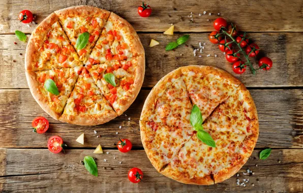 Картинка еда, сыр, помидоры, wood, пармезан, базилик, пиццы