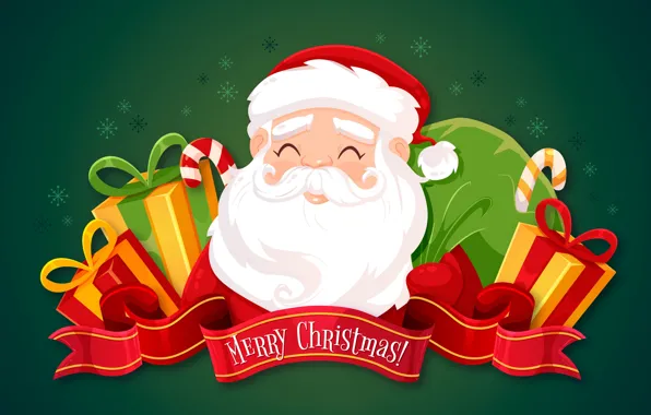 Картинка улыбка, графика, вектор, Рождество, подарки, Новый год, Санта Клаус, зеленый фон, коробки, Дед мороз