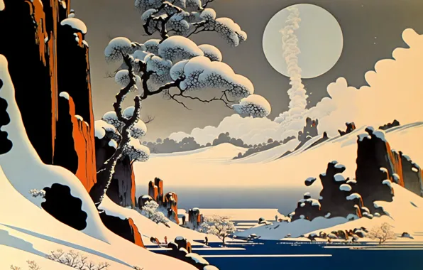 Картинка зима, солнце, снег, дерево, дым, Япония, Japan, живопись, smoke, wood, winter, snow, sun, painting, AI …