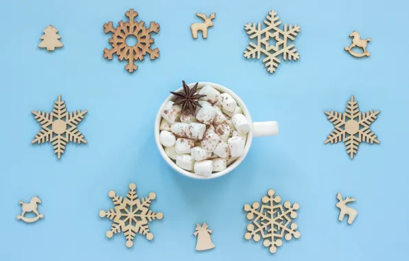 Картинка снежинки, праздник, чашка, декор, какао, зефир