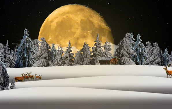 Картинка зима, лес, луна, Рождество, сугробы, Новый год, олени