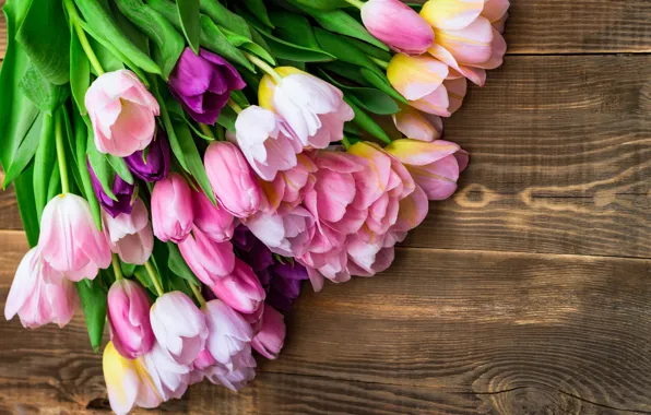 Картинка цветы, букет, тюльпаны, розовые, wood, pink, flowers, tulips