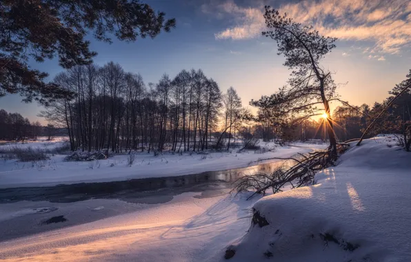 Картинка зима, снег, деревья, закат, река