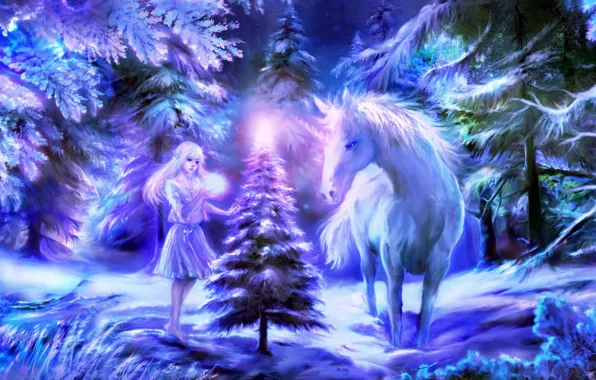 Картинка зима, лес, елка, Рождество, единорог, эльфийка