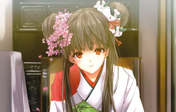 Картинка прическа, девочка, кимоно, цветы в волосах, красные глаза, челка