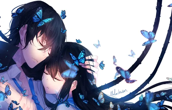 Картинка девушка, бабочки, парень, by lluluchwan