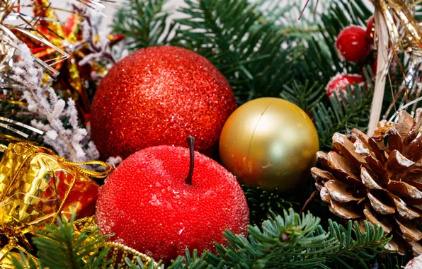 Картинка зима, шарики, ветки, праздник, шары, Рождество, красные, Новый год, позолота, шишка, хвоя, боке, ёлочные украшения, …