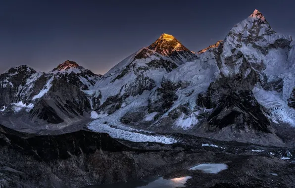 Картинка небо, снег, закат, горы, природа, скалы, вечер, Эверест, Гималаи, Непал