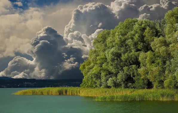 Картинка гроза, небо, облака, деревья, река