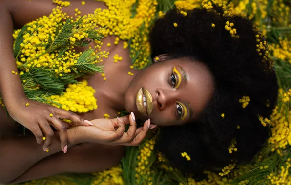 Картинка девушка, цветы, темнокожая, негритянка, мимоза, Александра Савенкова