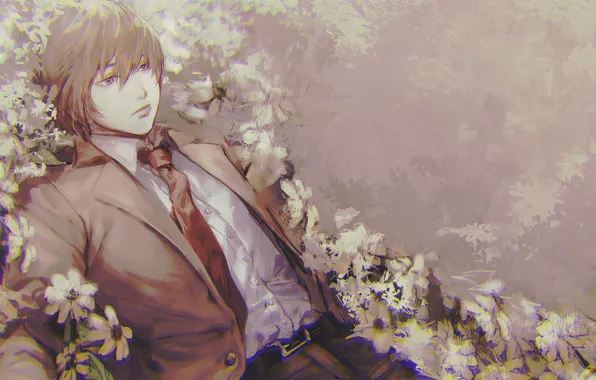 Картинка цветы, парень, Death Note, Light Yagami