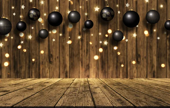 Картинка фон, доски, golden, золотой, christmas, gold, new year, balls, wood, background, боке, bokeh, celebration, sparkle