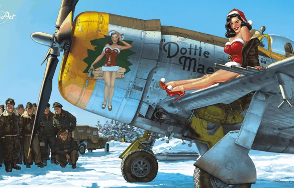 Картинка девушка, снег, Новый Год, арт, самолёт, USAF, pin-up, P-47 Thunderbolt
