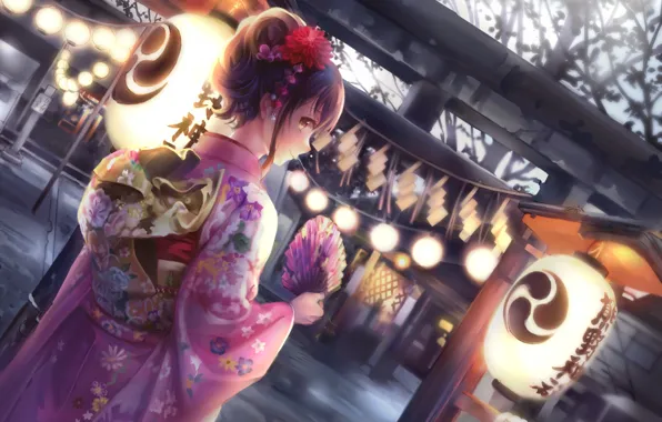 Картинка японка, Япония, веер, фонари, иероглифы, храм, кимоно, лучи света, цветок в волосах, вполоборота, ворота тории