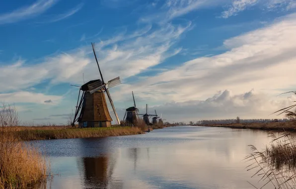 Картинка канал, Нидерланды, ветряная мельница