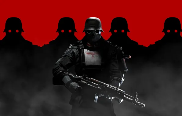 Картинка оружие, маска, солдат, тени, каска, Wolfenstein: The New Order