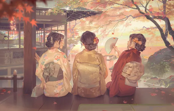 Картинка пруд, японки, Япония, веер, кимоно, беседка, кленовые листья, три девушки, со спины, осенний день, by …