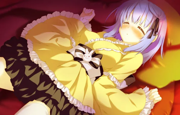 Картинка оборки, visual novel, лежит на спине, сиреневые волосы, спящая девочка, irotoridori no sekai, by kazuhiro …