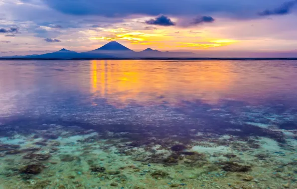 Картинка sky, sea, landscape, nature, sunset, water, mountains, clouds, rocks, mist, Indonesia