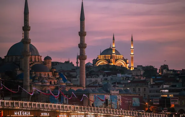 Картинка город, вечер, освещение, мечеть, Стамбул, Турция, Галатский мост, Gennadiy Udovichenko