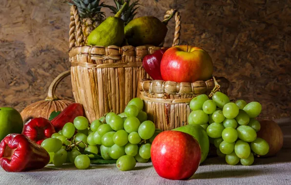 Картинка яблоки, виноград, фрукты, натюрморт, груши, flowers, autumn, fruit, grapes, still life