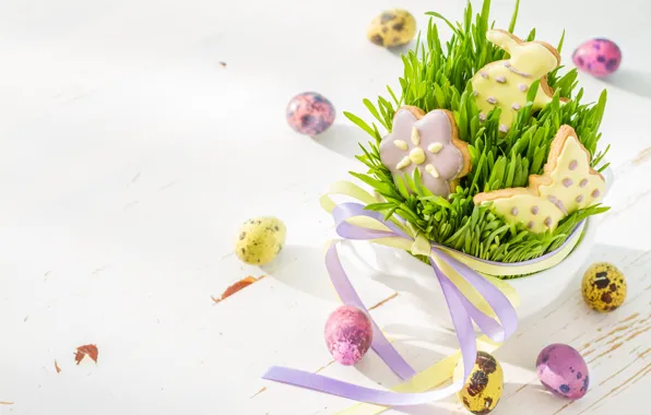 Картинка праздник, яйца, весна, печенье, Пасха, лента, украшение, композиция, Naumenko Oleksandra