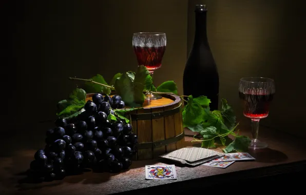 Картинка карты, стиль, вино, бутылка, бокалы, виноград, гроздь, натюрморт, Сергей Фунтовой