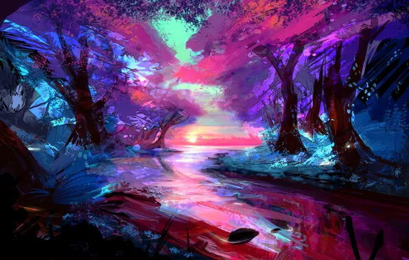Картинка ручей, отражение в воде, река в лесу, by Joey Jazz