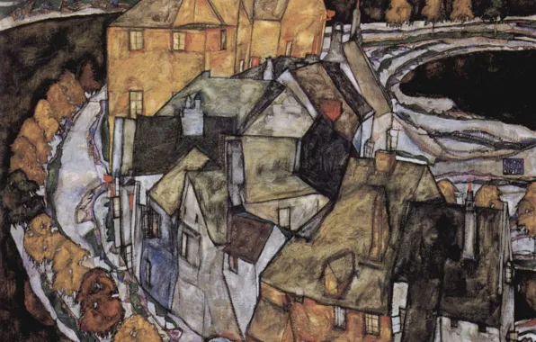 Картинка Дома, Эгон Шиле, или Город-на-острове, стоящие дугой