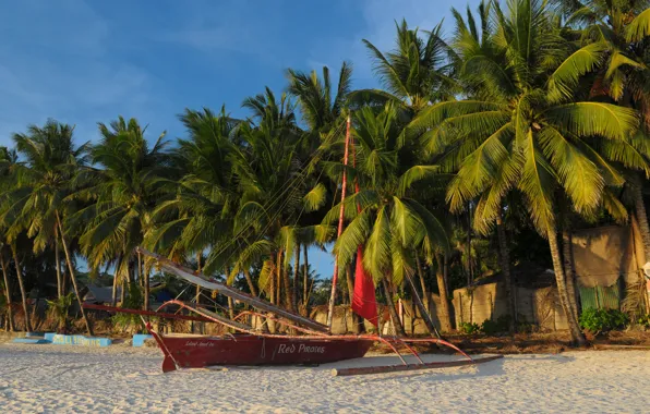 Картинка песок, пляж, пальмы, лодка, Филлипины, Island of Boracay