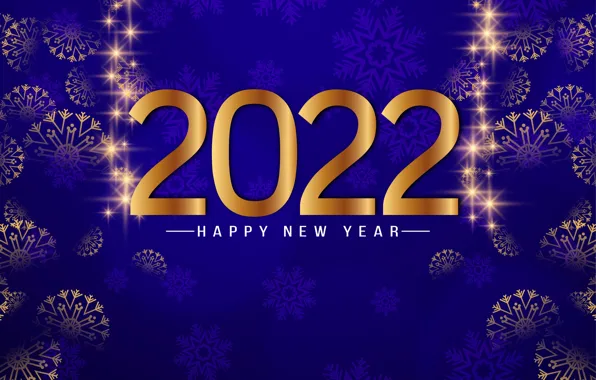 Картинка снежинки, золото, цифры, Новый год, golden, new year, happy, синий фон, blue, snowflakes, decoration, sparkling, …