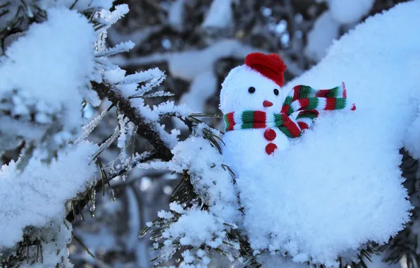 Картинка зима, иней, лес, снег, природа, дерево, в снегу, игрушка, ветка, шарф, Рождество, Новый год, снеговик, …