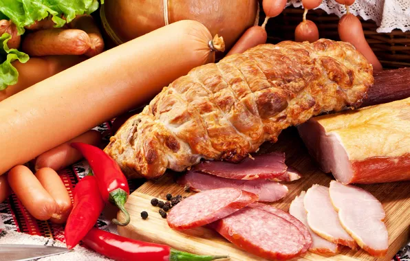 Картинка сосиски, мясо, перец, колбаса, ветчина, meat, sausage