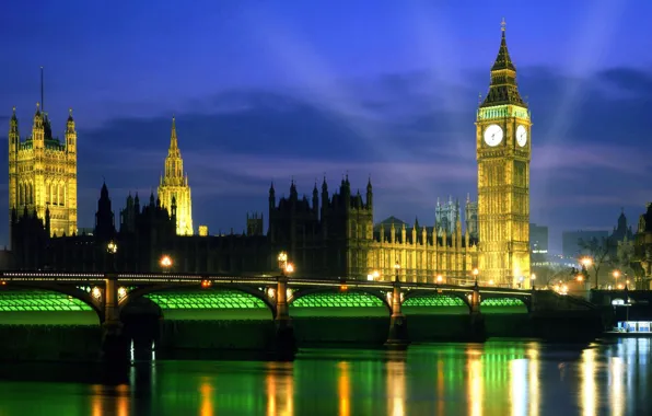 Картинка ночь, мост, огни, река, Англия, Лондон