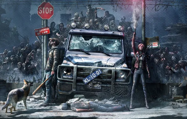 Картинка car, city, girl, zombie, gun, blood, zombies, undead, weapon, woman, dead, dog, man, survivor, fence, …
