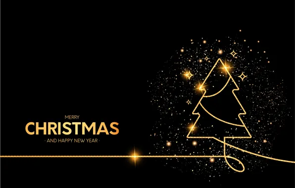 Картинка украшения, золото, елка, Рождество, dark, Новый год, golden, christmas, черный фон, new year, happy, background, …