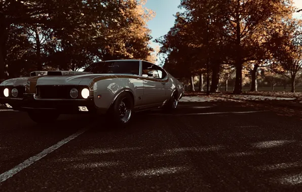 Картинка HDR, Game, Oldsmobile, Muscle Car, Trees, Leaves, Hurst, Oldsmobile 442, UHD, Xbox One X, Forza …