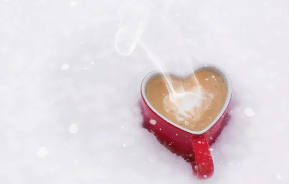 Картинка зима, снег, сердце, кофе, пар, кружка, hot, heart, winter, background, snow, cup, coffee