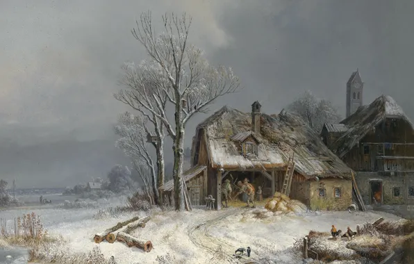 Картинка 1865, oil on canvas, Генрих Бюркель, Winterliches Dorf, Зимняя деревня, Wintry village, Heinrich Bürkel, In …
