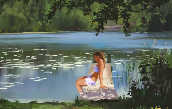Картинка лето, девушка, природа, озеро, мостки, by snatti