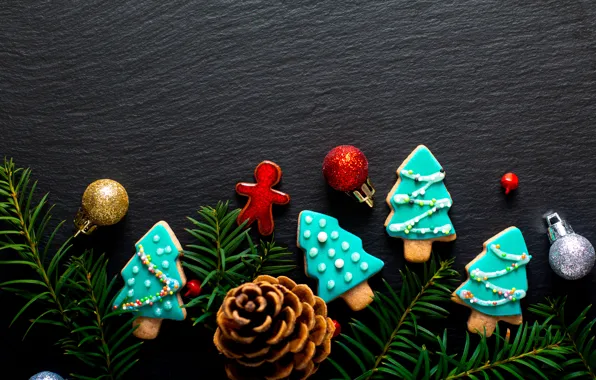 Картинка украшения, Новый Год, печенье, Рождество, Christmas, wood, New Year, cookies, decoration, пряники, gingerbread, Merry, fir …